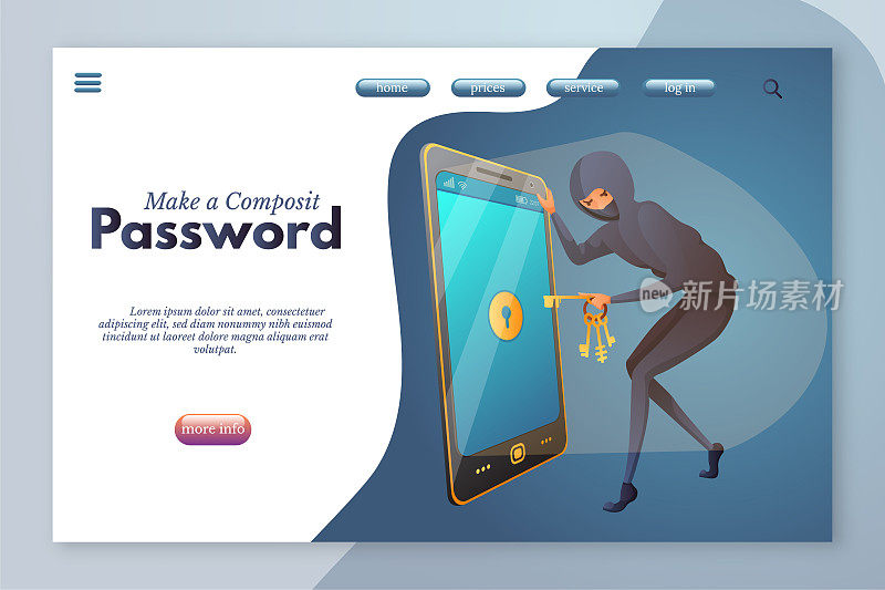 Make a composit password landing page template. Password cracking flat vector illustration isolated on white background